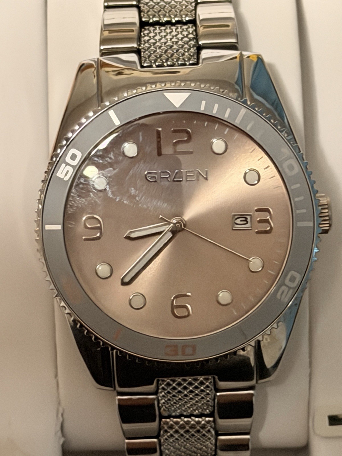 NIB Gruen Men’s Watch Quartz 43mm Case silver Tone light Brown DIAL GR0026