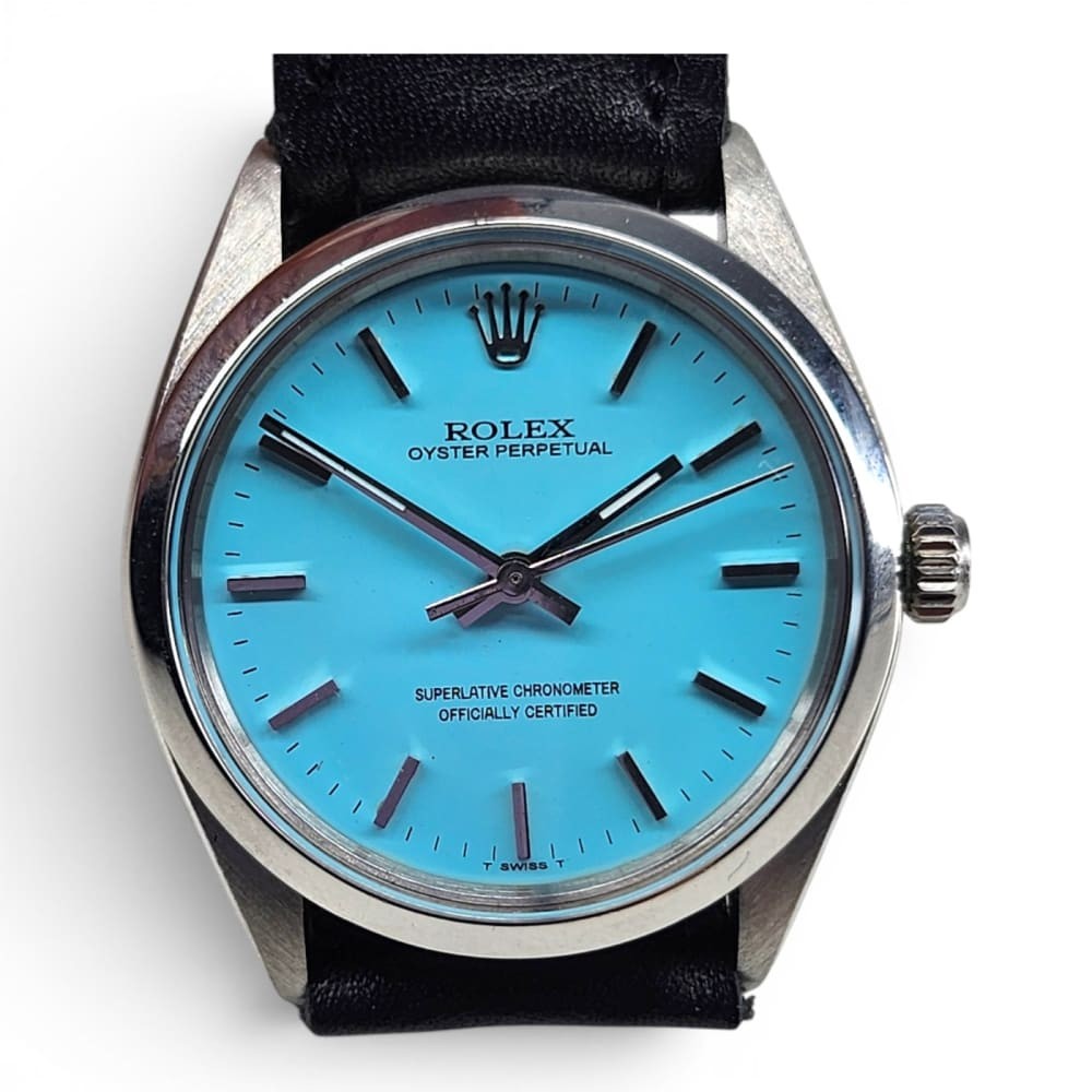 Rolex Oyster Perpetual 34mm Blue Turquoise Steel Automatic Watch 5500 Circa 1974