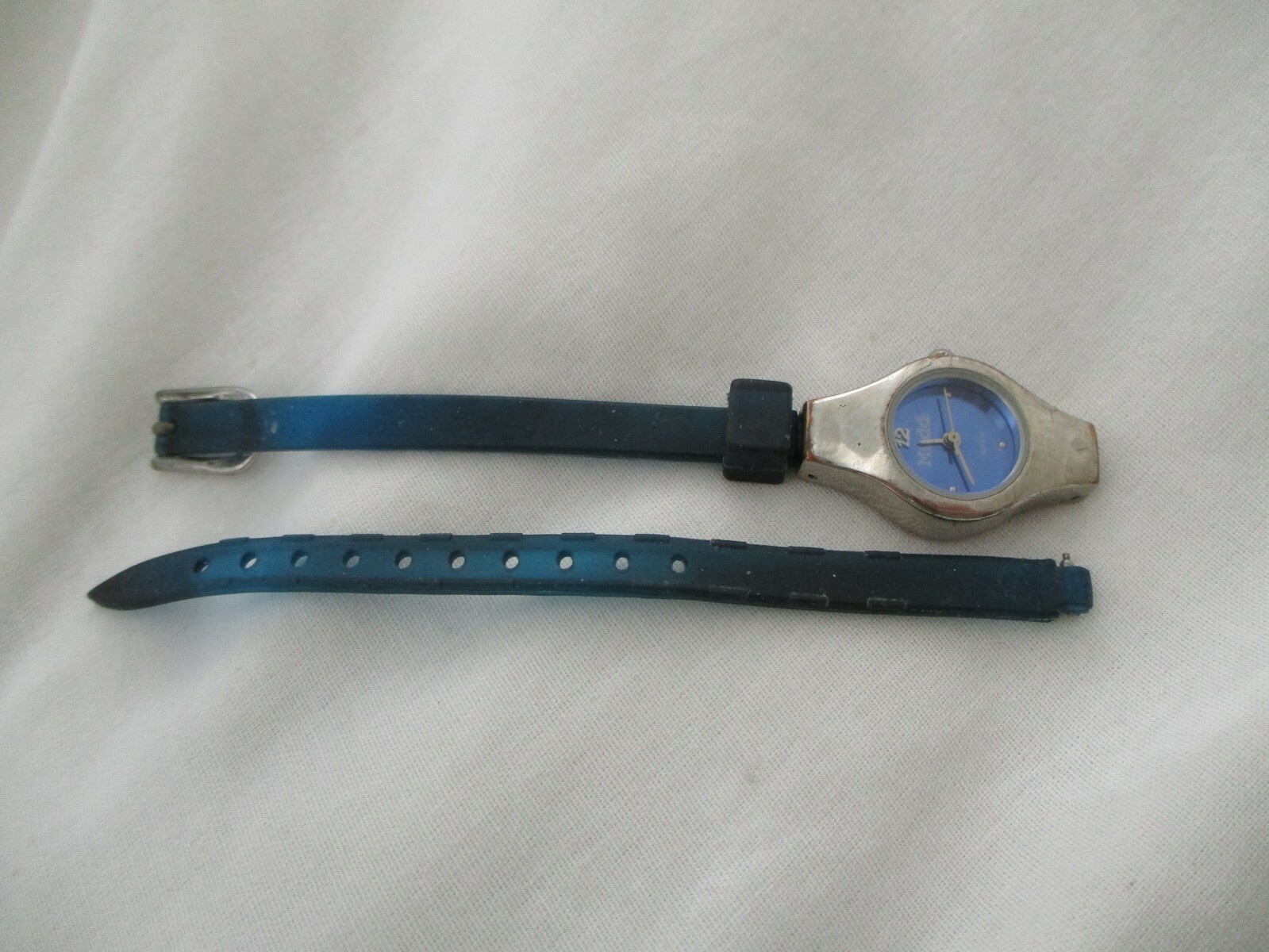 Mudd Watch Silver Tone Round Blue Face Navy Blue Buckle Band Stylish