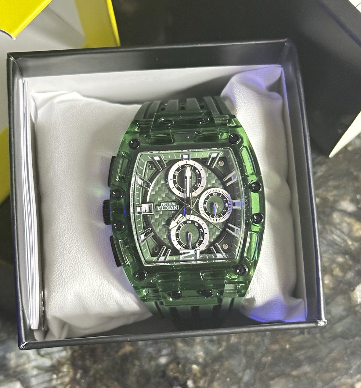 Invicta Men’s Chronograph Quartz Tonneau Watch Green Silicone Strap Box/Manual
