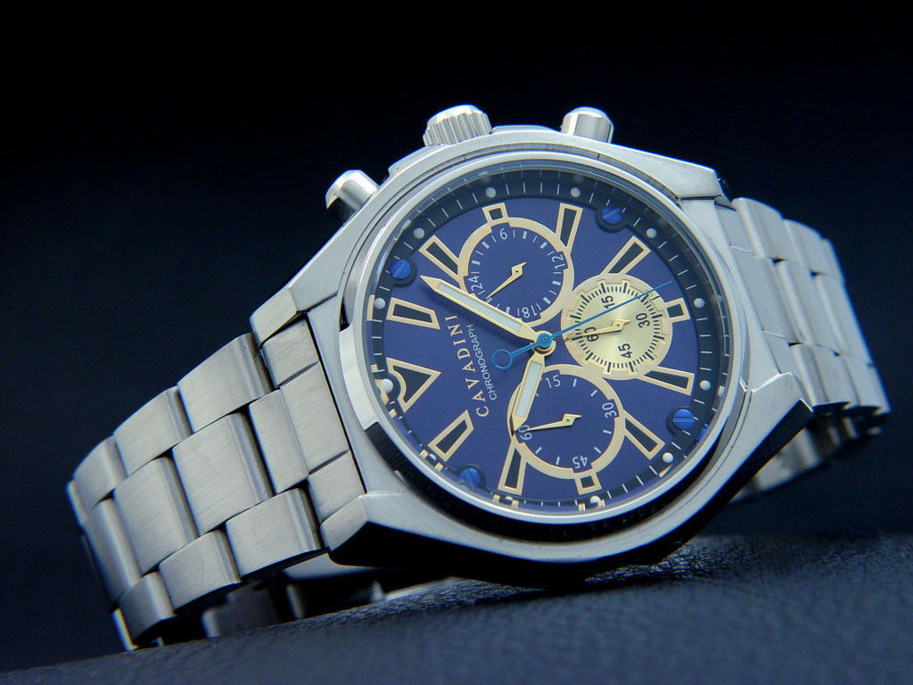 Cavadini Chronograph Mens Watch Designer Stainless 10 BAR Gold-Blue CV-1617