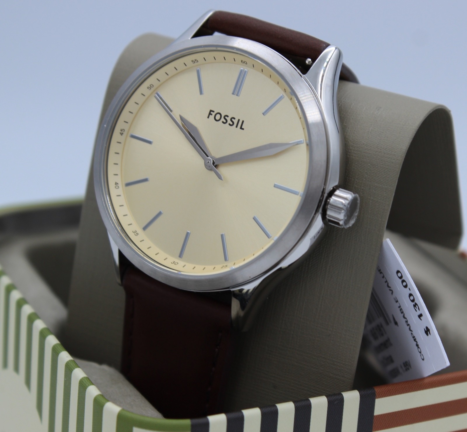 New Authentic Fossil Fenmore Midsize Slim Silver Cream Brown Men’s BQ2865 Watch