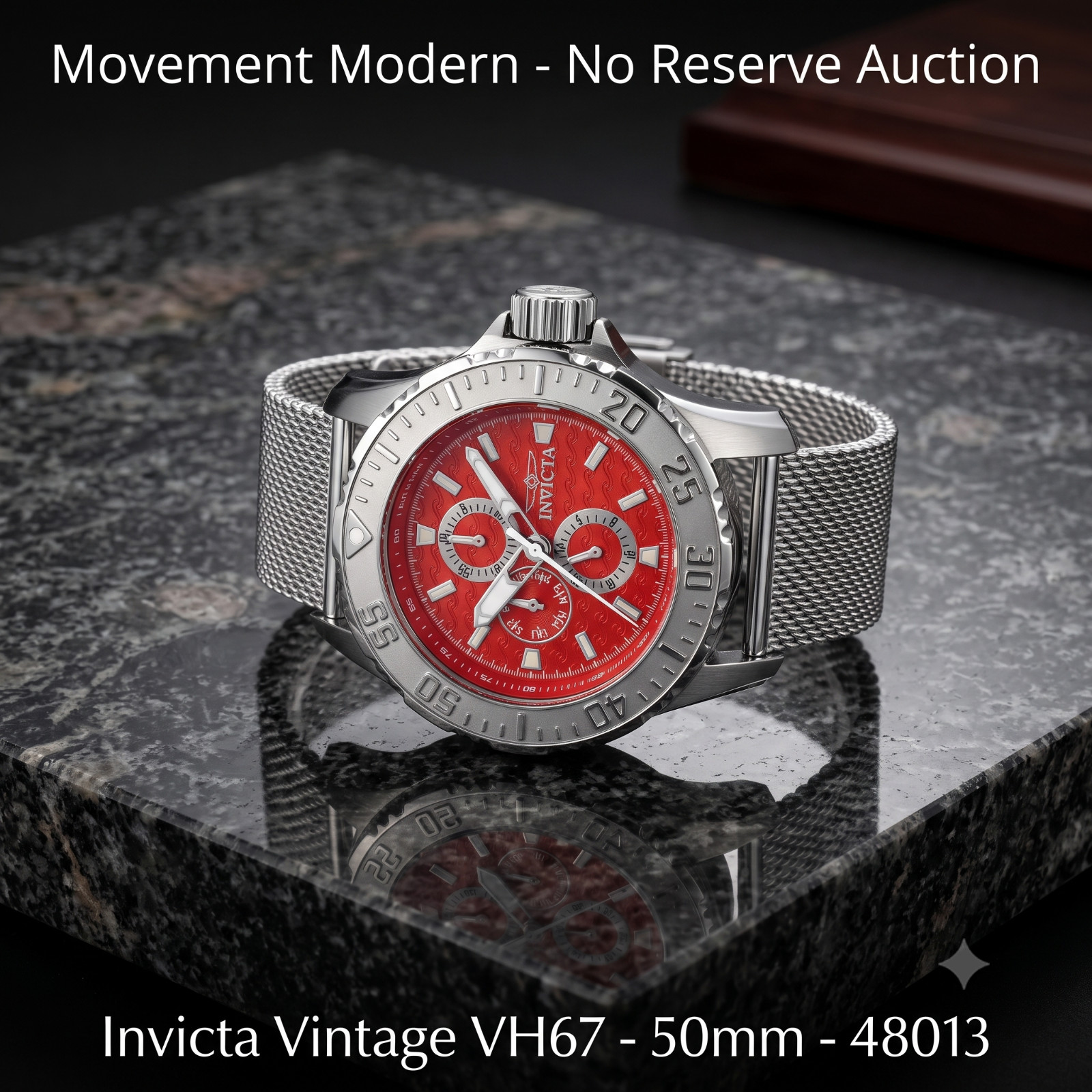 Invicta Vintage Men’s Quartz (VH67) Watch, 50mm, Red Dial, Silver – 48013 NIB