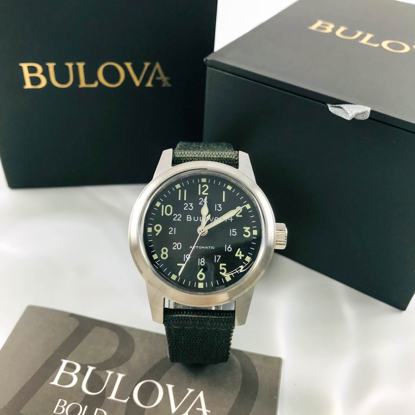 Bulova Special Edition 96A259 Hack Black Dial 38MM Green Fabric Strap Mens Watch