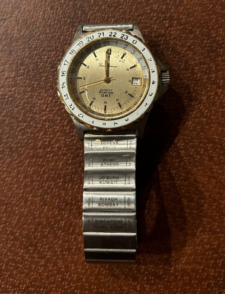 Vintage Pierre Bernard Gold Tone Quartz 30 Meters Time Zone Watch