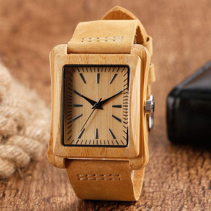 Wooden Watch Mens Natural Wood Men Bamboo Watches Quartz Movement Leather Belt