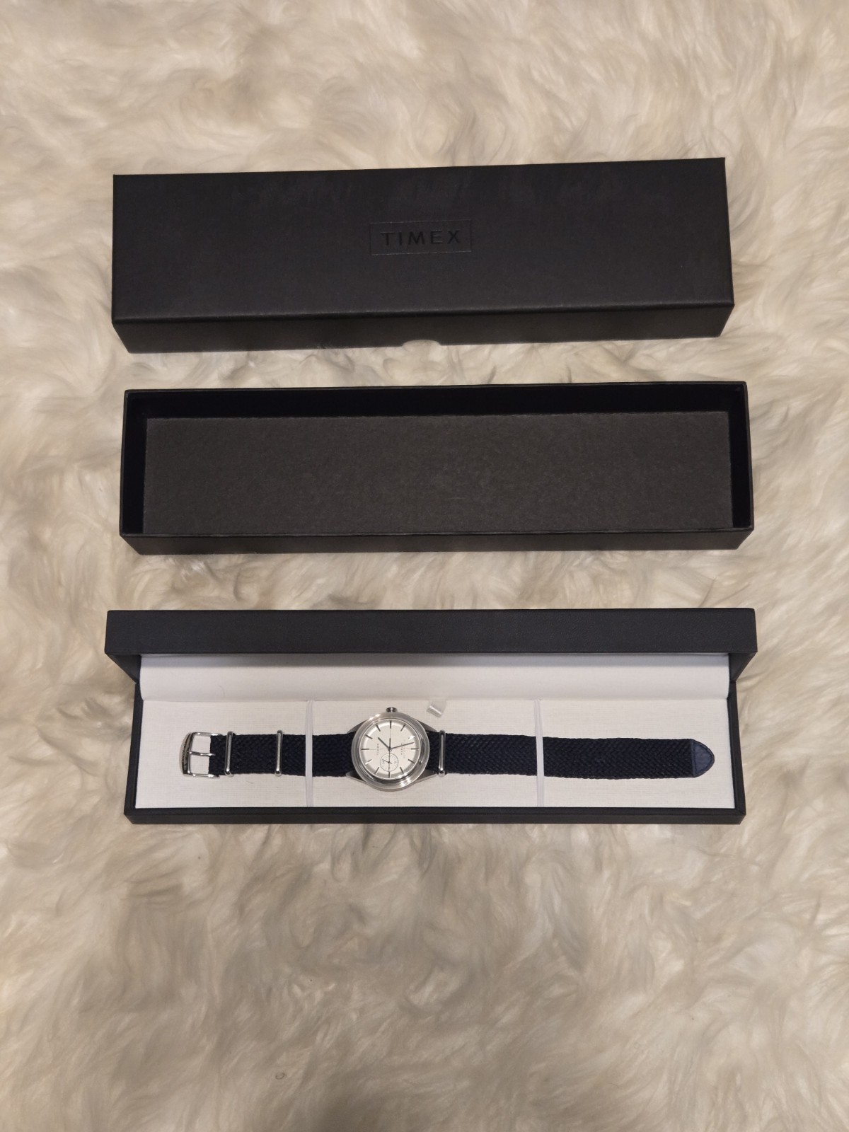 Timex Marlin Automatic Men’s Watch Silver Dial Blue One-Piece Fabric Strap Box