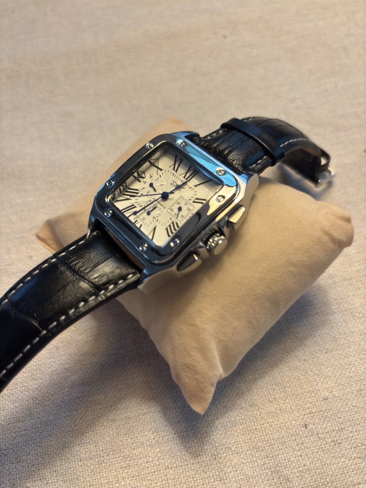 JARAGAR Automatic Square Watch White Roman Dial Black Leather Strap