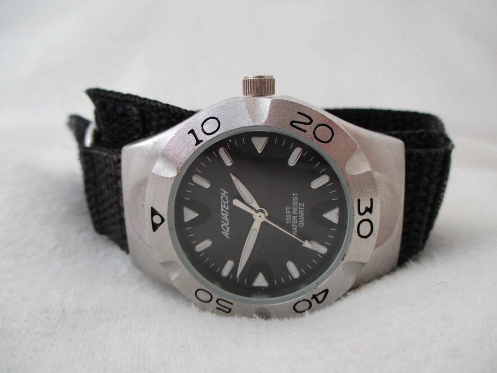 Aquatech Watch Black Hook & Loop Band Round Face Silver Toned WR 100FT