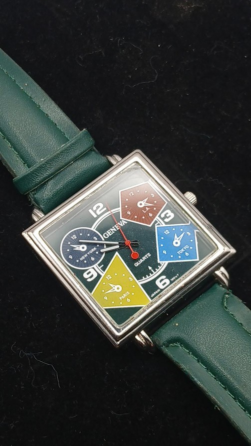 Geneva Multi-Time Zone Watch Square Face Dark Green Strap Novelty Retro Style