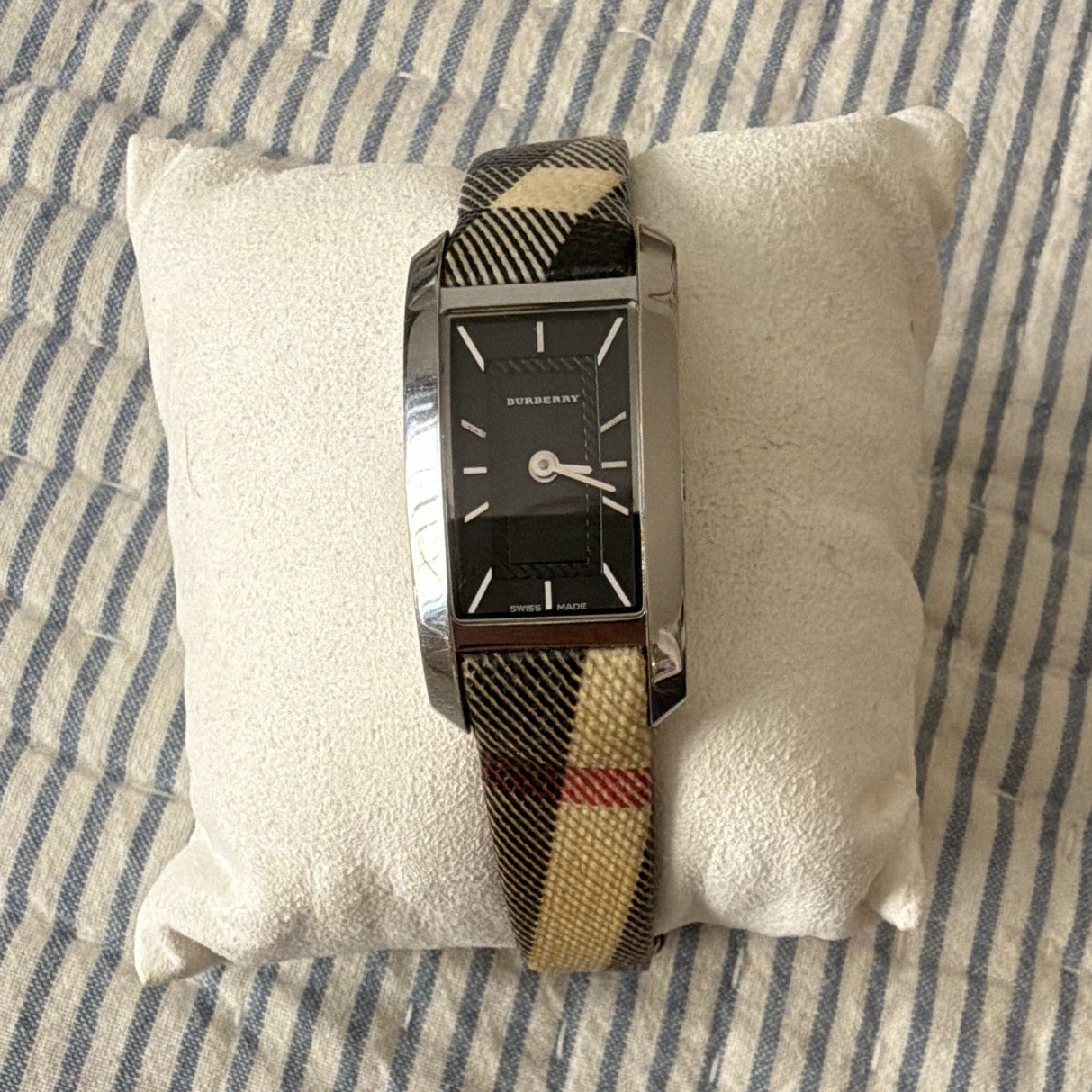 Burberry BU1060 Swiss Made Quartz 30m Rectangular Watch, Black Dial Plaid Strap