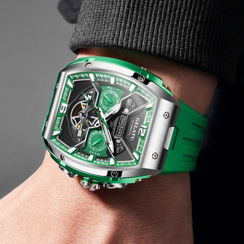 Men’s Automatic Mechanical Watch Tonneau Sapphire Glass 50M Waterproof Luminous