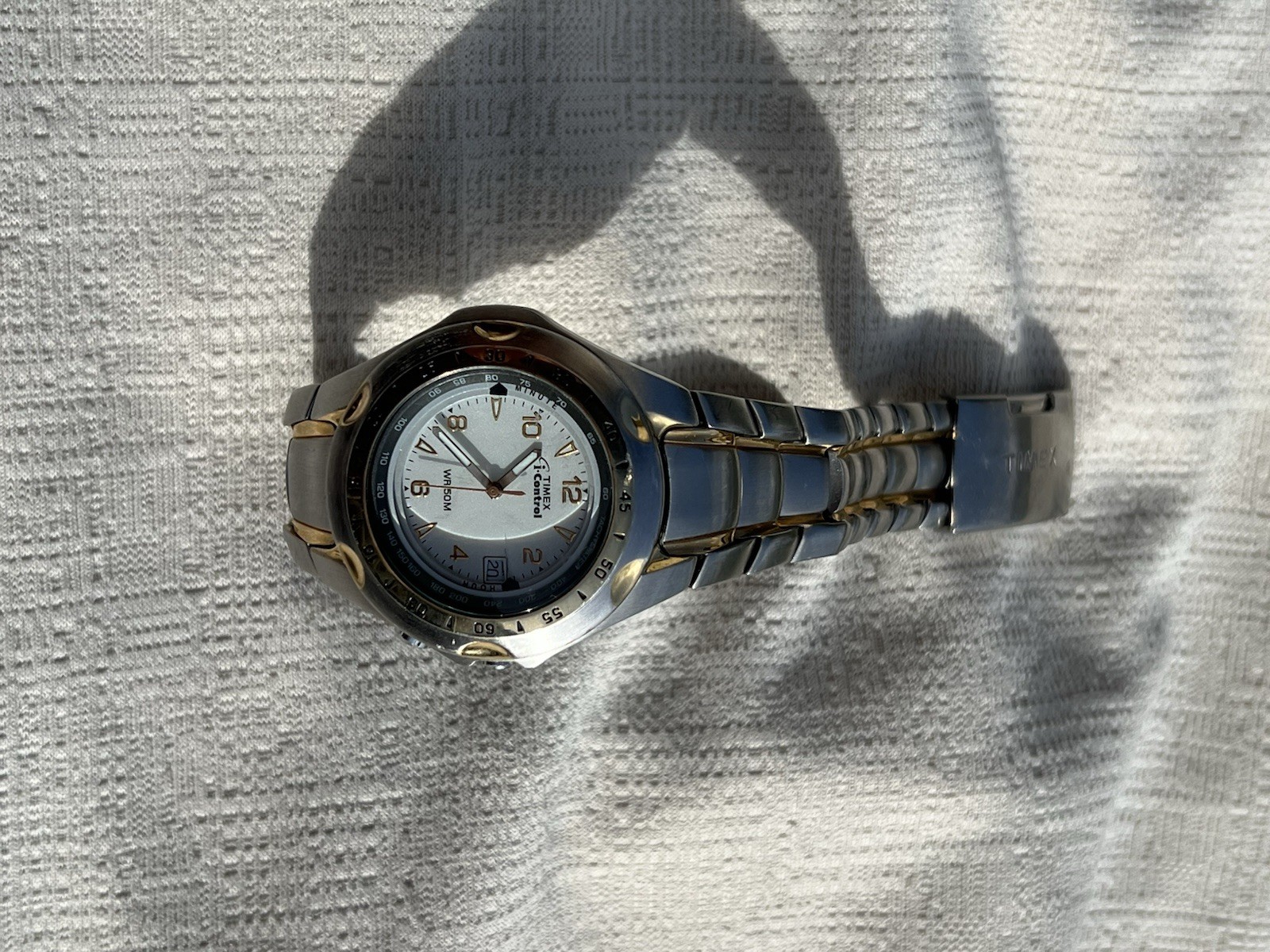 Timex i-Control Quartz Analog Chronograph Alarm Date Silver Dial Two-Tone 50m