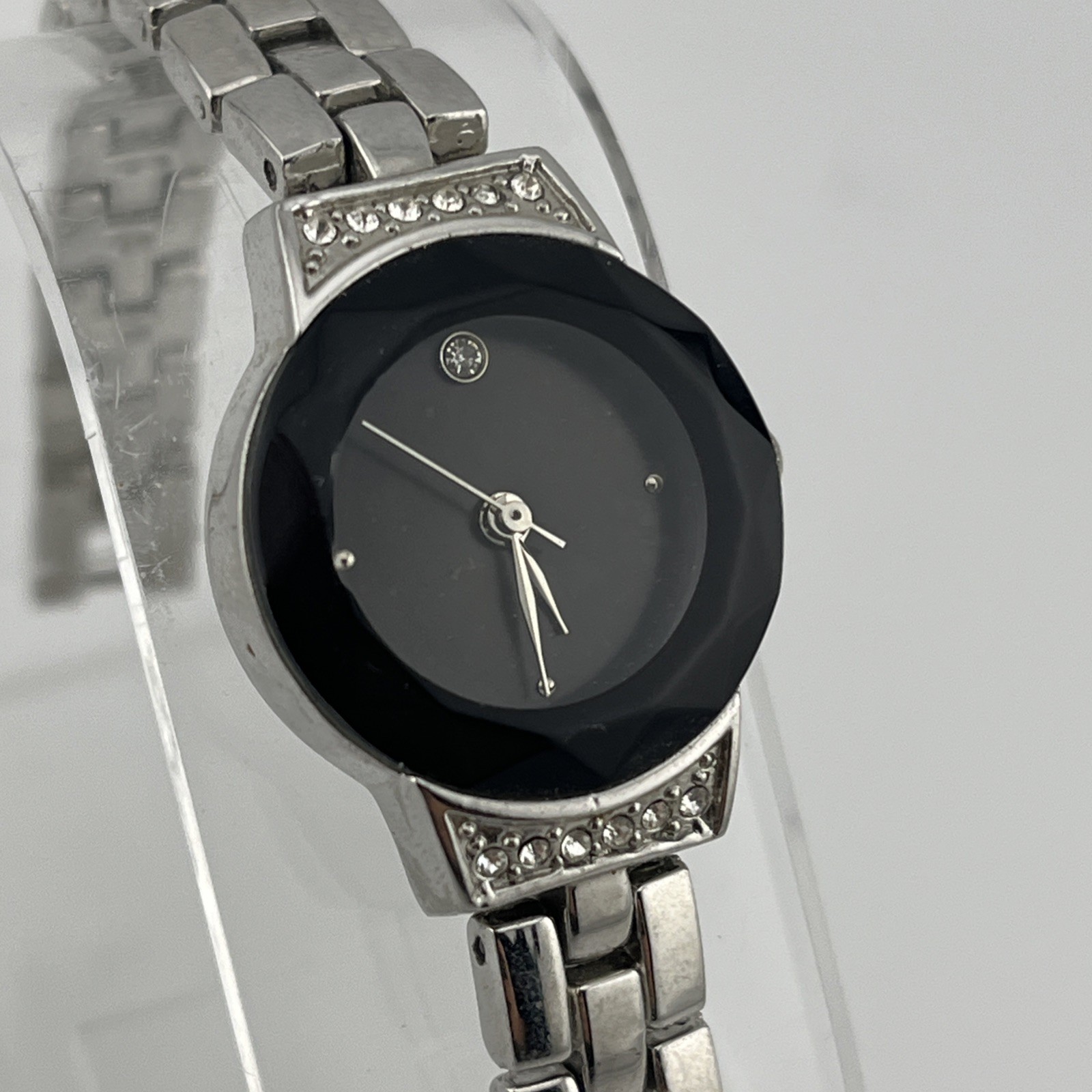 Women’s Silver Dress Watch Faceted Crystal Black Dial 7″ Band- New Battery