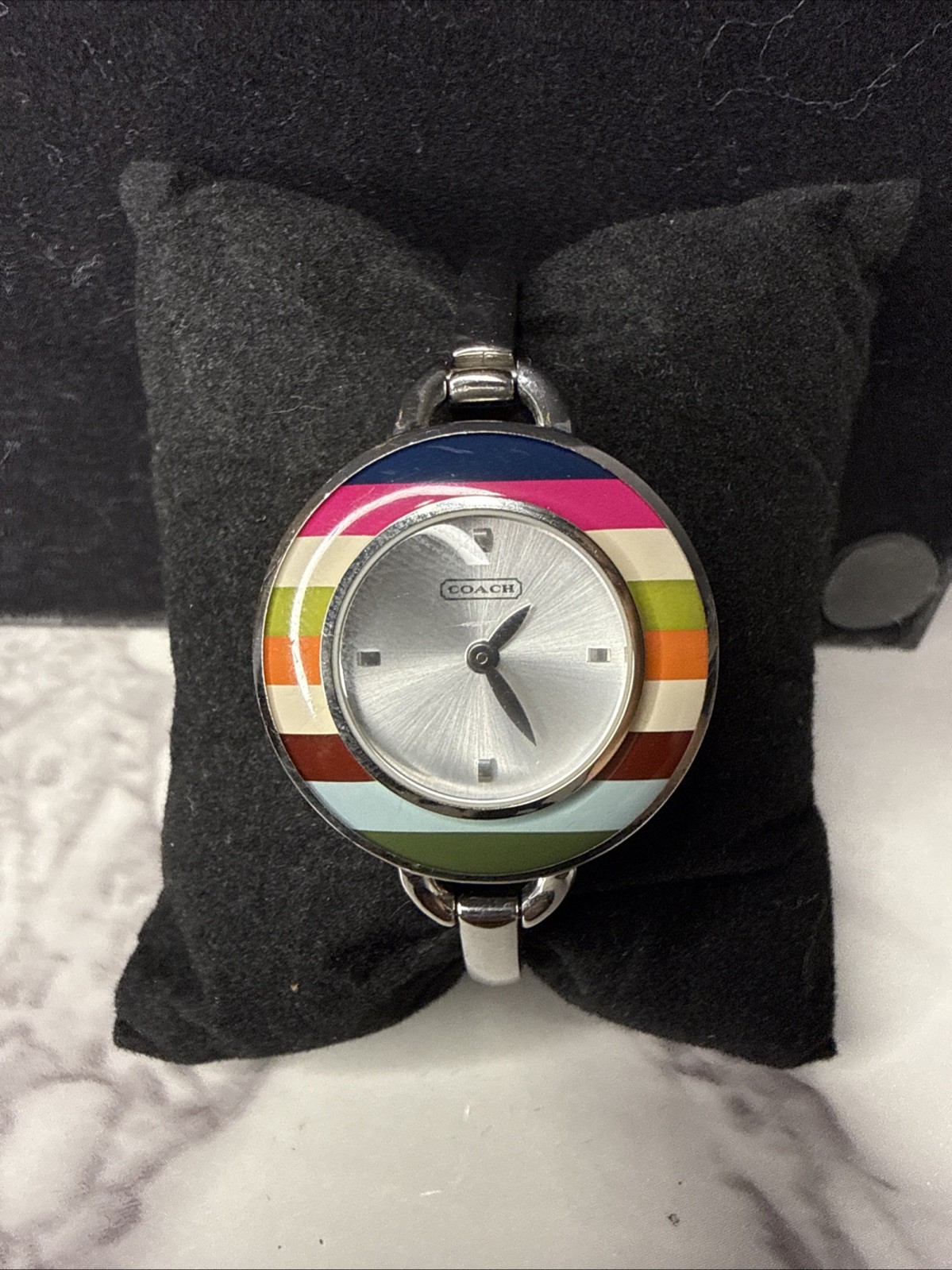 Coach Womens Watch 20mm Silver Tone Multicolor Stripe Bangle New Battery 6.5″