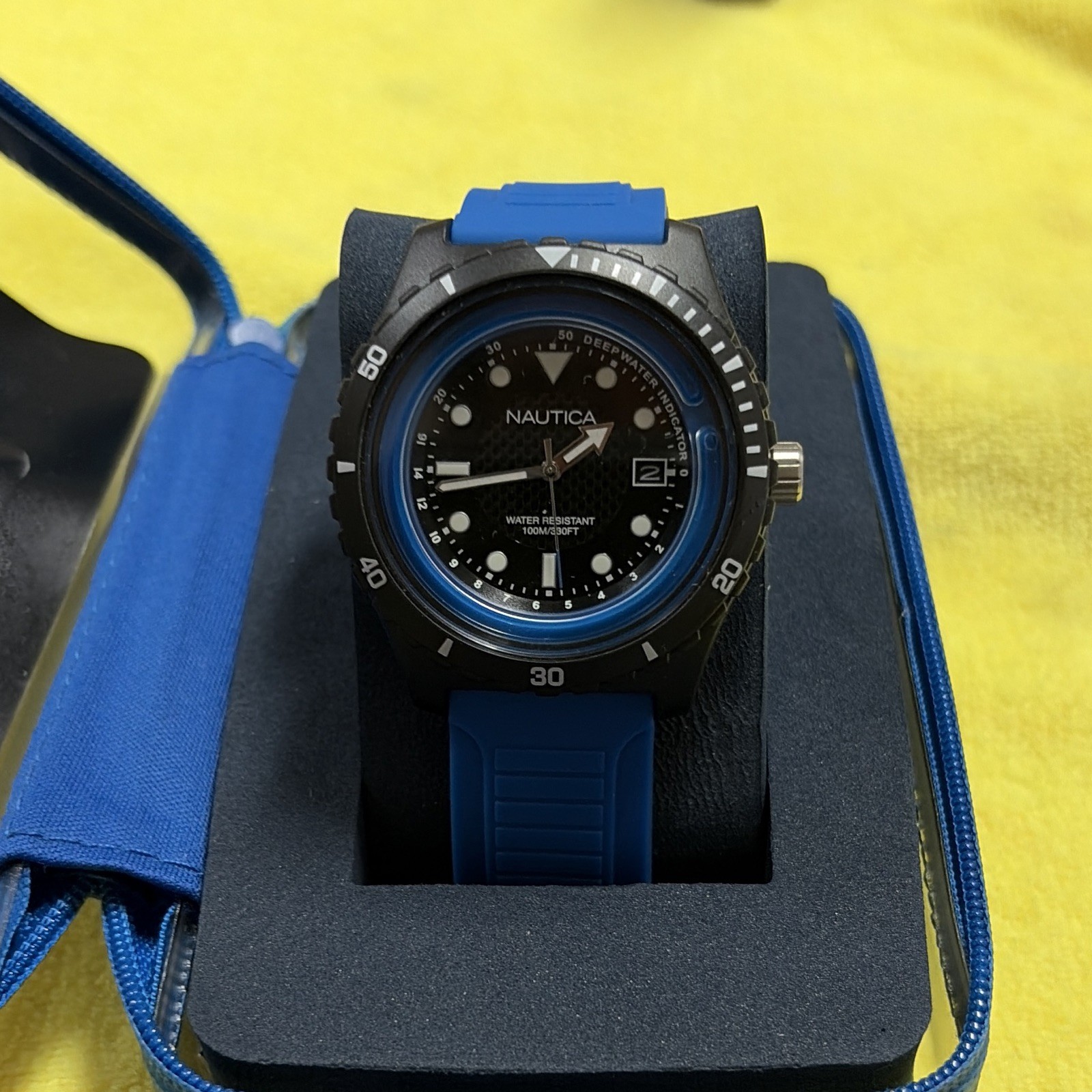 Nautica Ibiza Men’s Quartz Diver WR 100m Date 44mm Black/Blue Dial Blue Strap