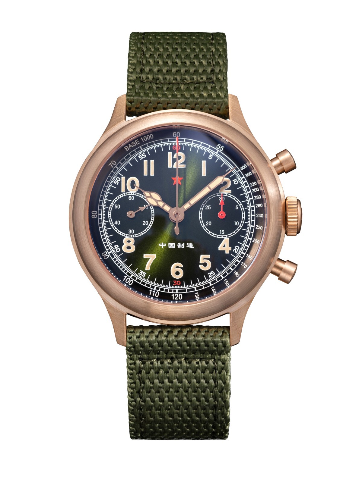RED STAR 1963 Bronze Cusn8 SEAGULL ST19 Chronograph Watch 38mm Swan Neck 50M C3