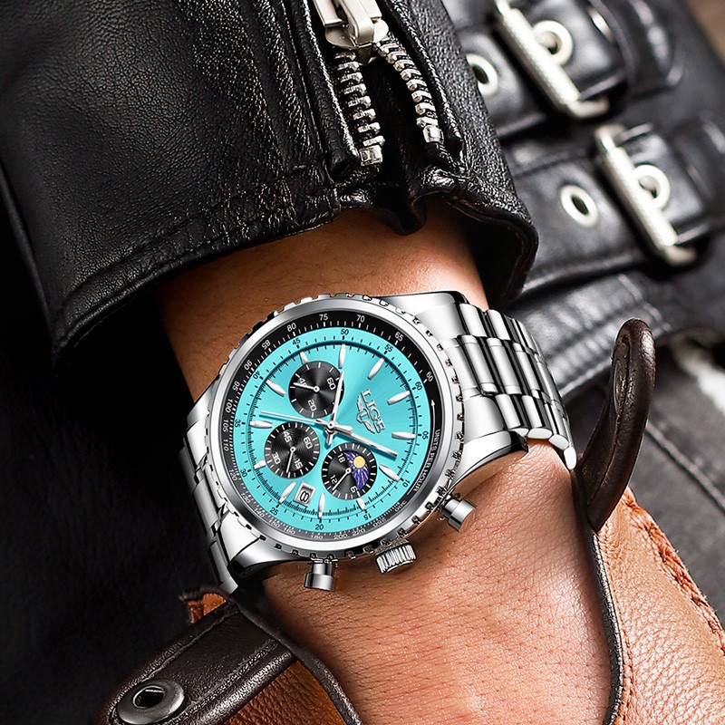 LIGE Men Watch Quartz Date Luminous Chronograph Waterproof Stainless Steel Watch