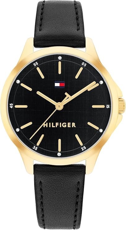 TOMMY HILFIGER Women’s Watch 1782866 Gold, Black Leather *NEW, Stained Gift Box*