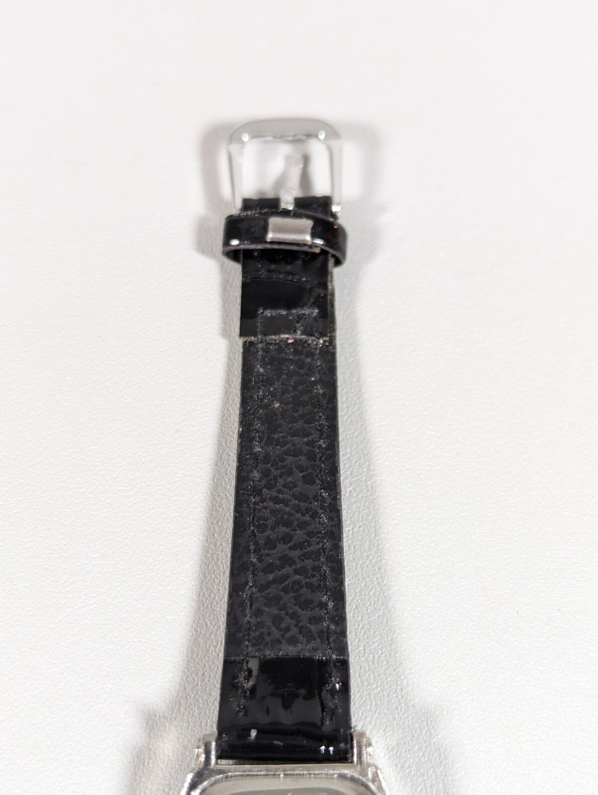 Silver Tone Dial Rectangle Case Black Leather Band Watch