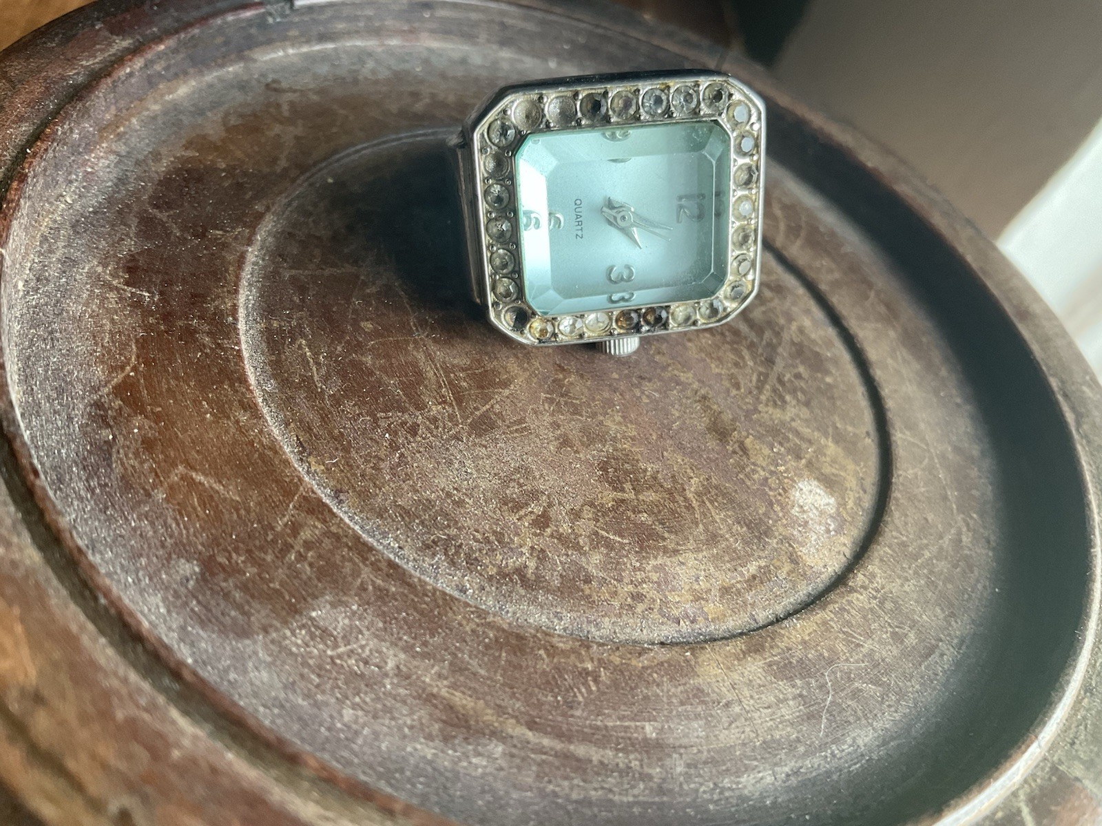 Antique Ring Watch Japan Movement Light Blue Beveled Face Stainless Steel Retro