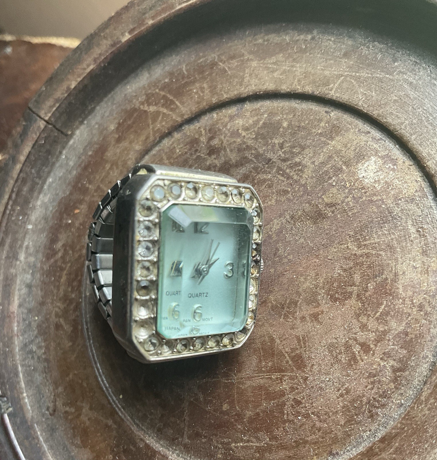 Antique Ring Watch Japan Movement Light Blue Beveled Face Stainless Steel Retro