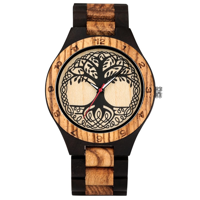 Handmade Full Wood Couple Watch Tree of Life Dial Arabic Numerals Brown Tone