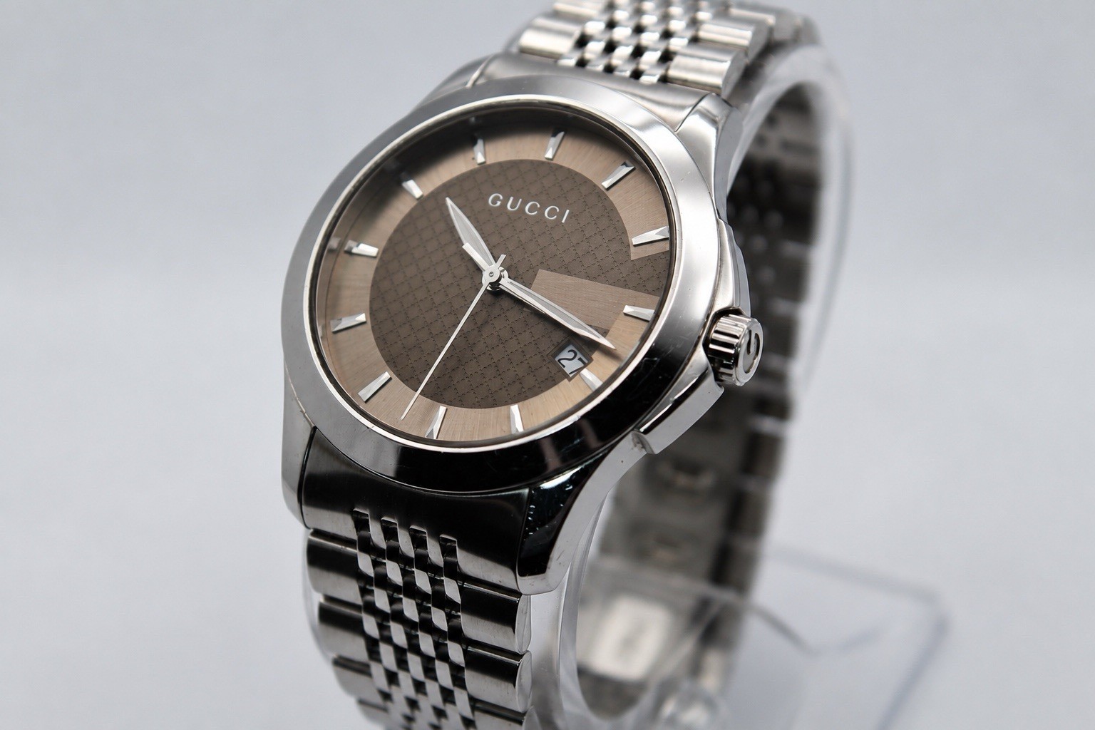 GUCCI YA126406 Brown Dial G Timeless Date 126.4 Series Silver Tone Men’s Watch
