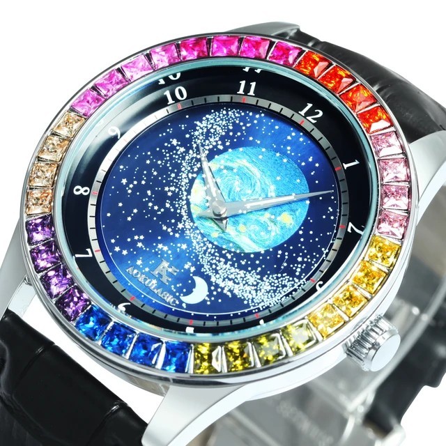 Luxury Rotating Star Dial Rainbow Case Automatic Men’s Watch Leather Strap