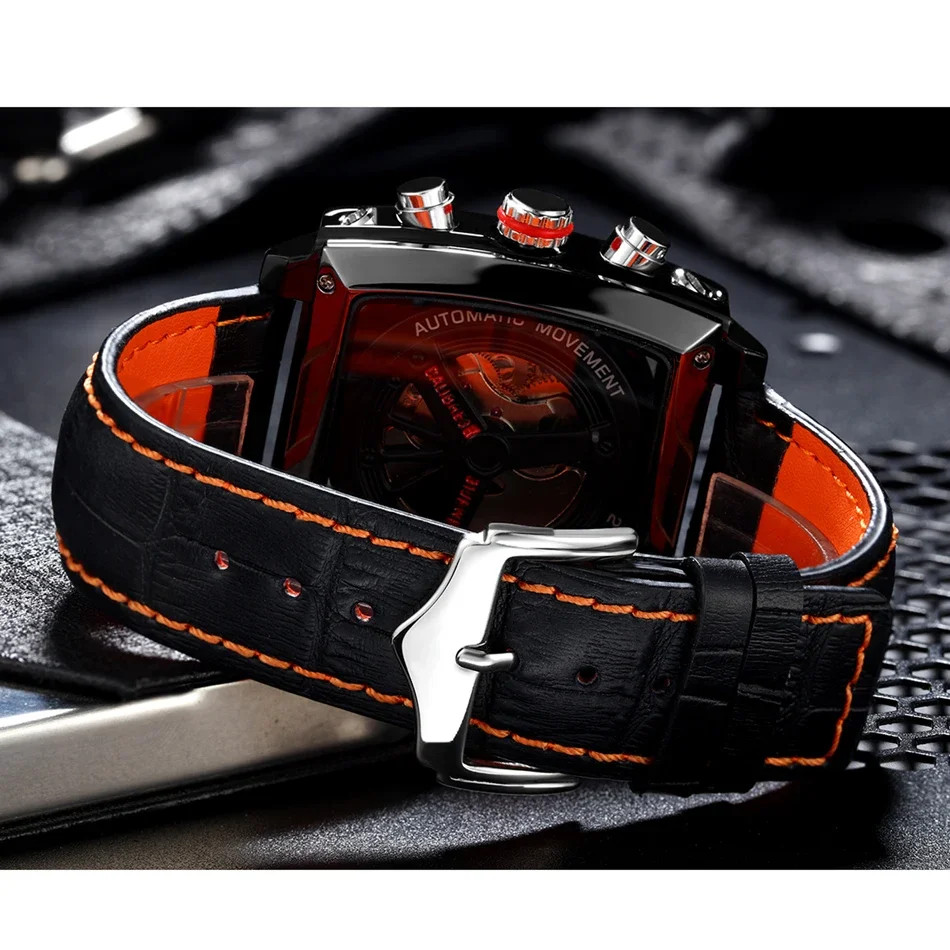 Automatic Watches for Men Mechanical Genuine Leather Stainless Steel Black Orang