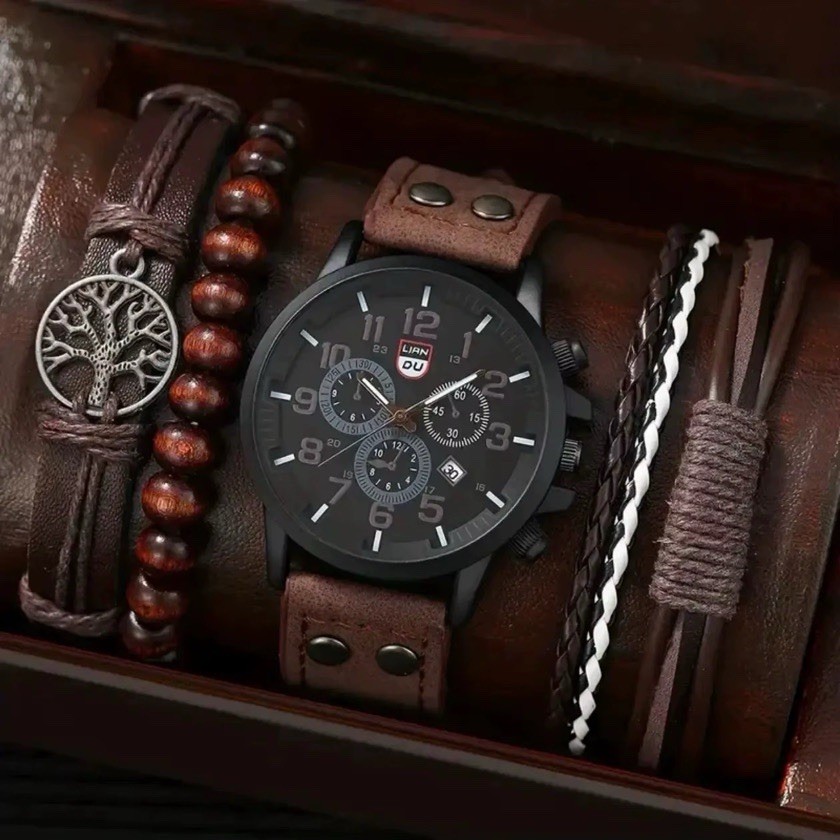 LIAN DU Men’s Chronograph Quartz Wristwatch Black Dial Brown Leather Strap