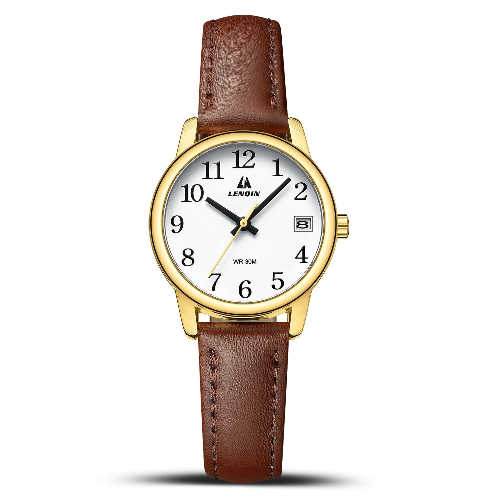 Women’s Analog Quartz Watch Dark Brown Leather Strap Easy Reader White 30mm 3ATM
