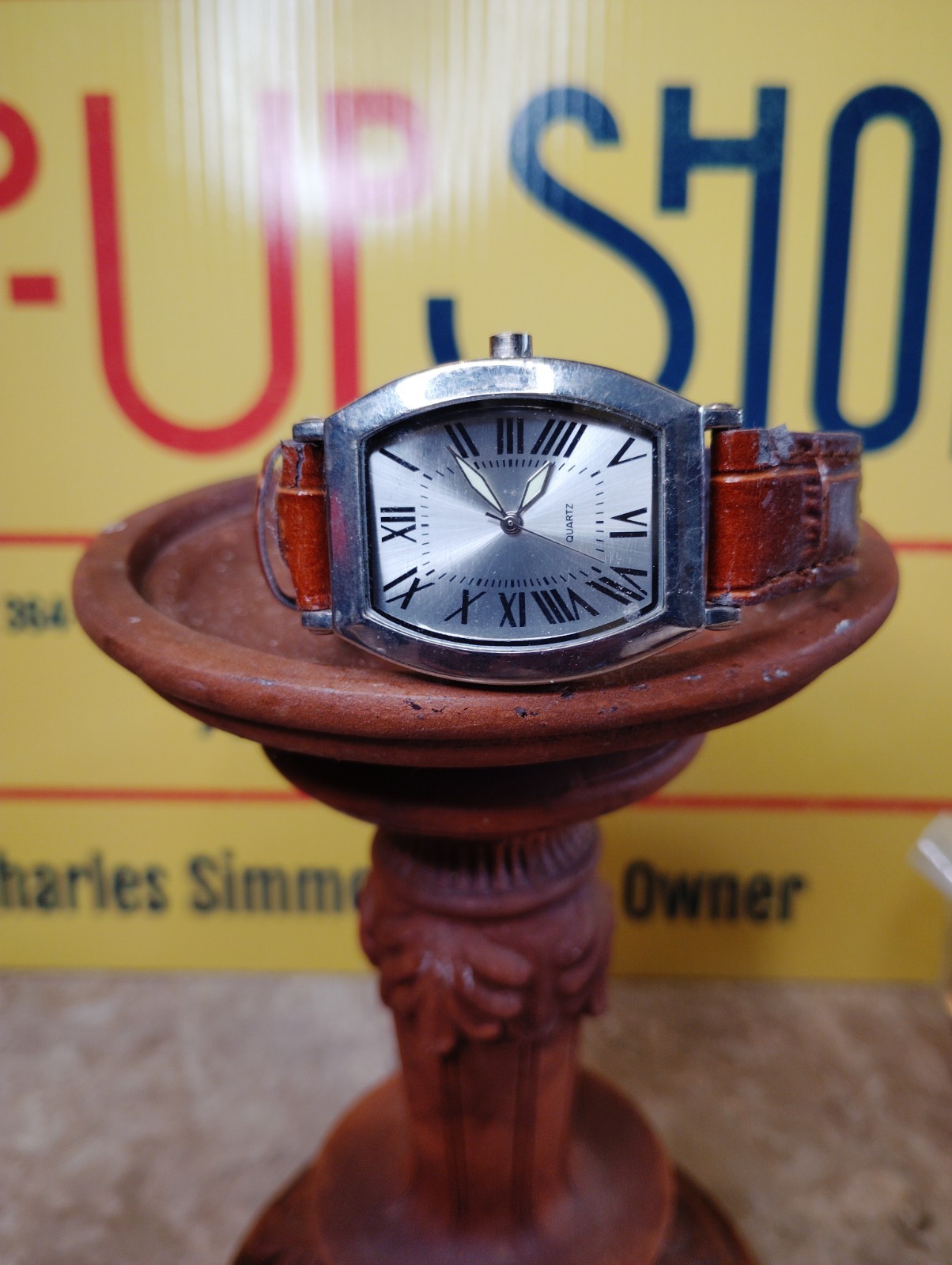 Vintage Brown Leather Watch Gold Tone Roman Numeral Rectangular Old Money