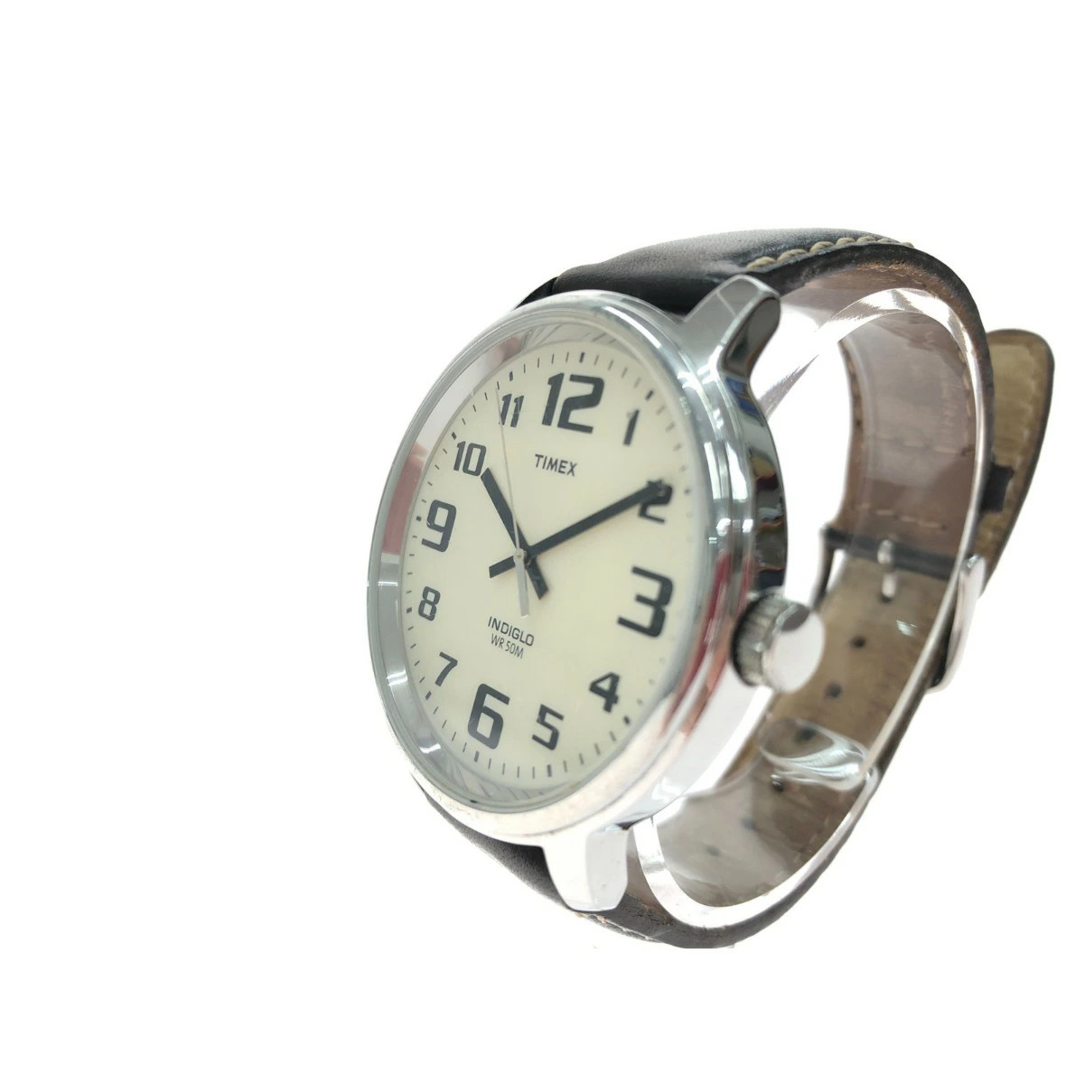 Timex INDIGLO Quartz Watch W2 Off-White Dial Brown Leather Strap Men’s C Rank