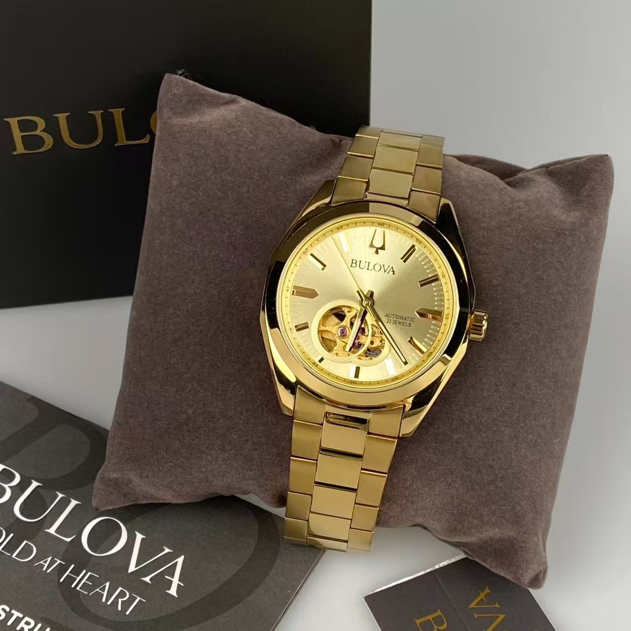 Bulova Surveyor Gold Tone Dial Stainless Steel Men’s Automatic Watch 97A182 39mm