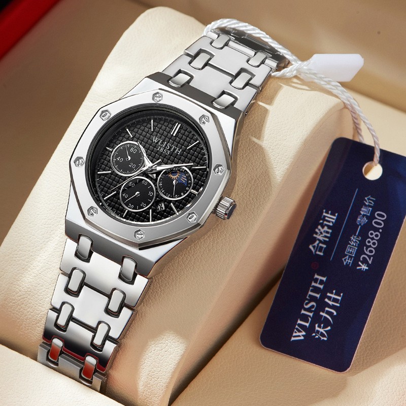 Unisex Quartz Watch Octagonal Bezel Chronograph Calendar Steel Bracelet