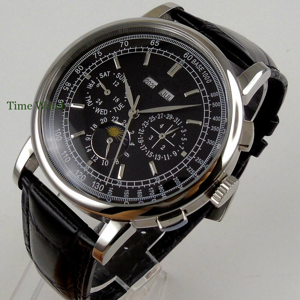 Sterile 42mm Automatic Mens Watch Date Month Year Week Leather Band White/Black