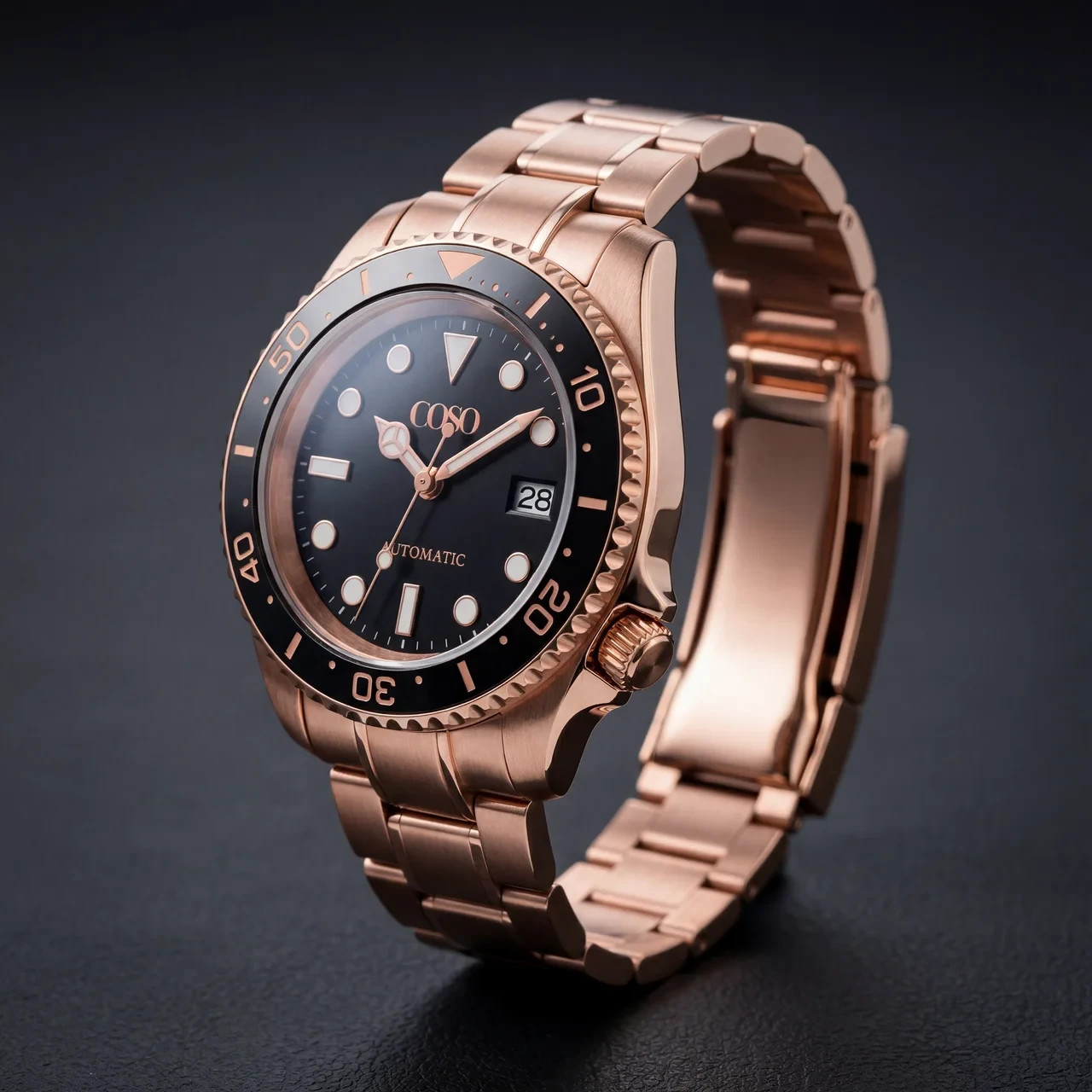 COSO Velocce Automatic Diver Black Dial Full Rose Gold Black Bezel