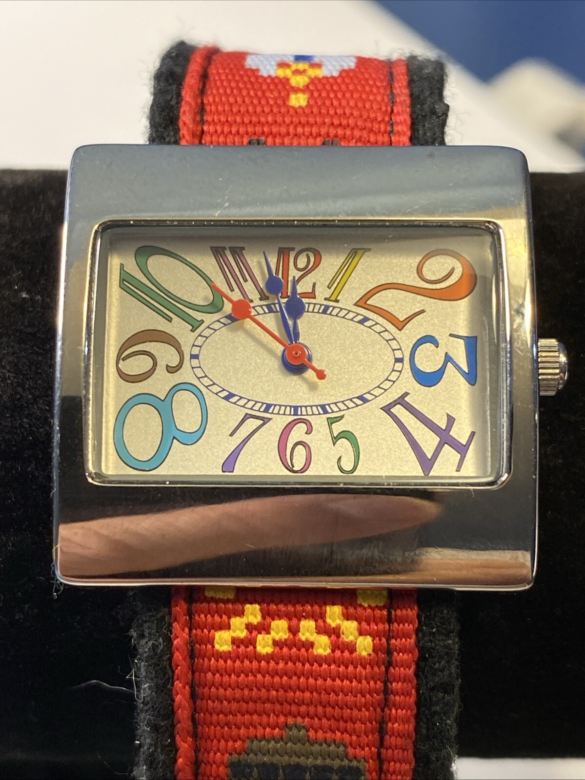 Quartz Wristwatch Silver Tone Rectangle Face Colorful Numbers Colored Nylon Band
