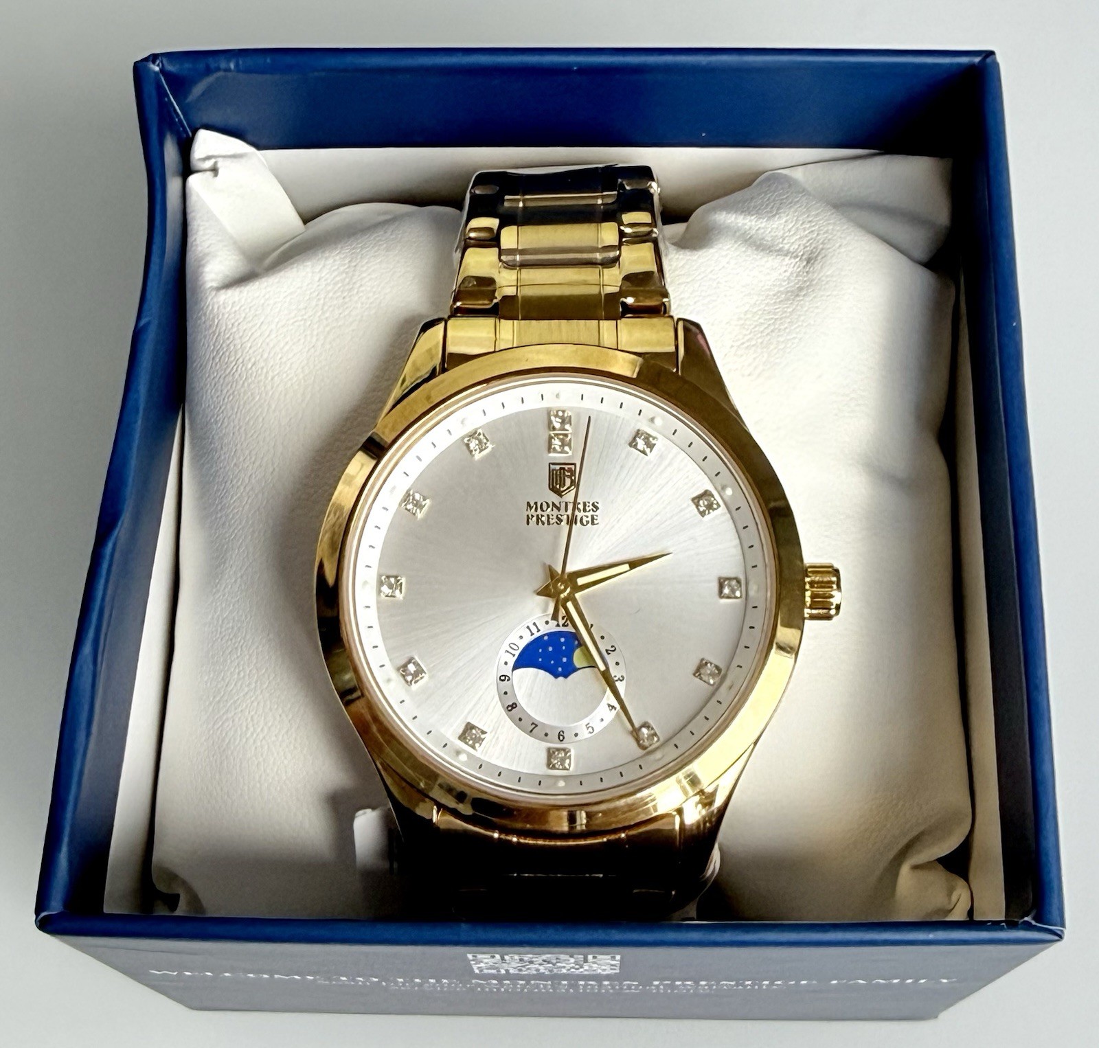 Montres Prestige MPW-0365 Men’s 42mm Gold Tone Moon Phase Quartz Watch New