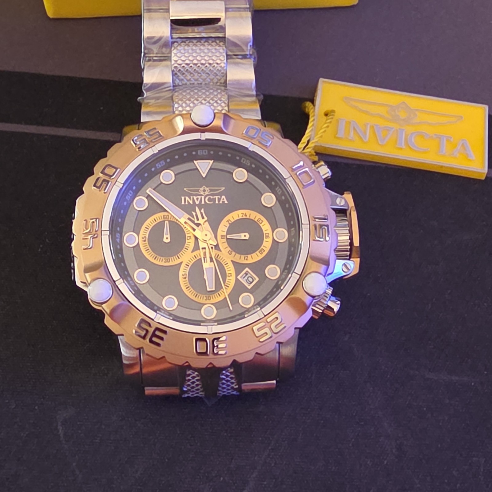 Invicta Men’s 55mm Quartz Chronograph Date/ Black Dial Gold Bezel SS Bracelet