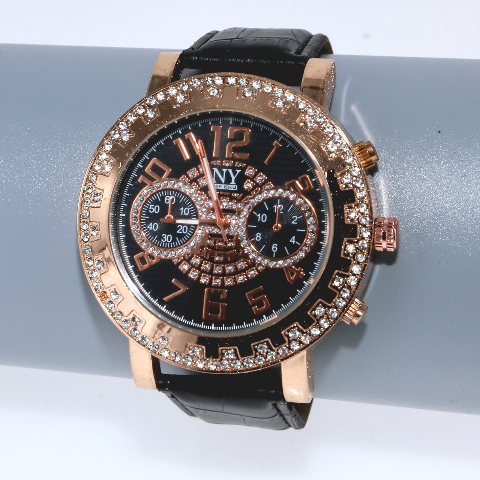 Hip Hop Iced Gold Rose Finish Fashion Black Simulated Leather Band Watch 56mm