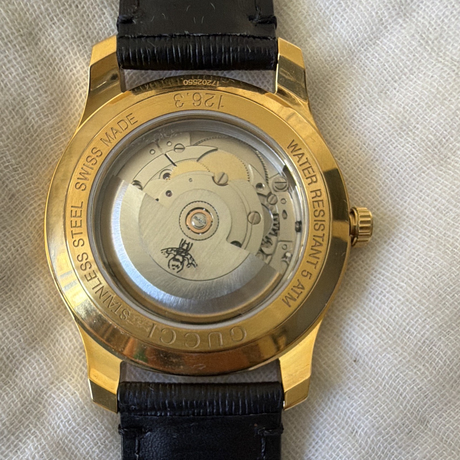 Gucci YA126340 Automatic 40mm Gold Dial/Case Black Leather Date 50m $2,000
