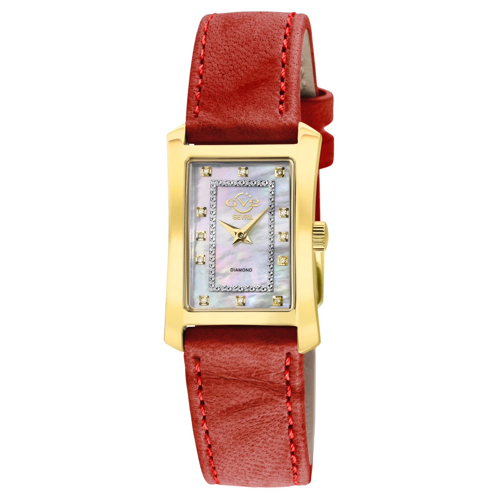 GV2 Gevril Luino 14602 Swiss Diamond MOP Gold Red Leather Womens Watch