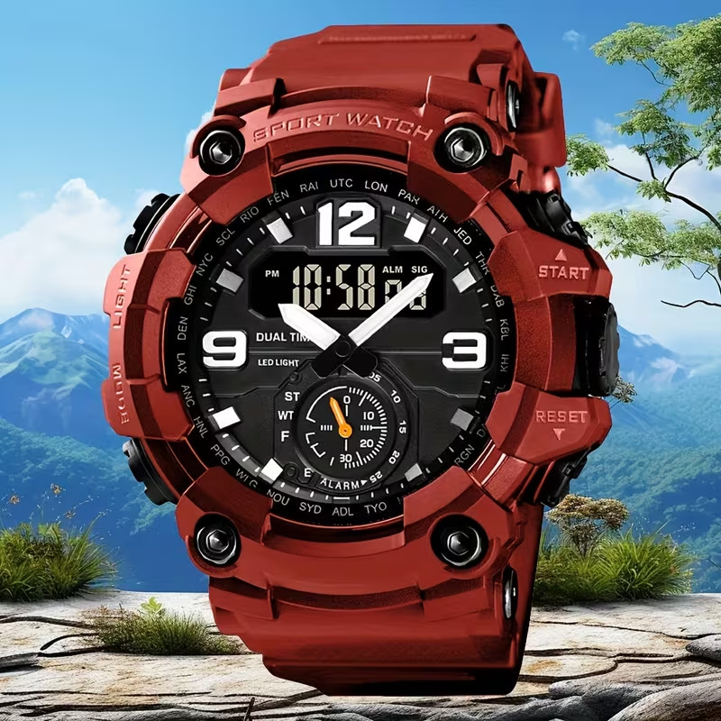 Men Sports Watch Digital Dual Display Stylish TPU Strap Red