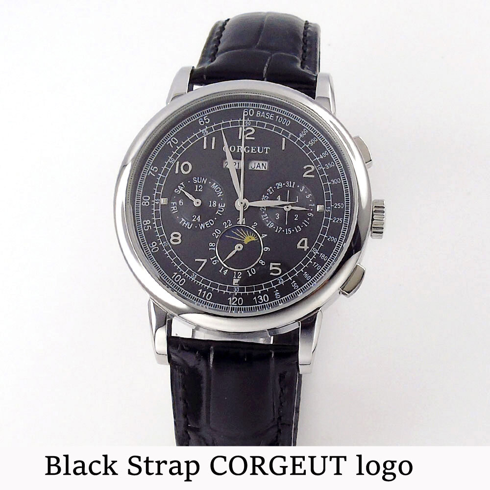 Corgeut 42mm Silver/Rose Gold Automatic Mens Watch Day Date Month Year Day/Night
