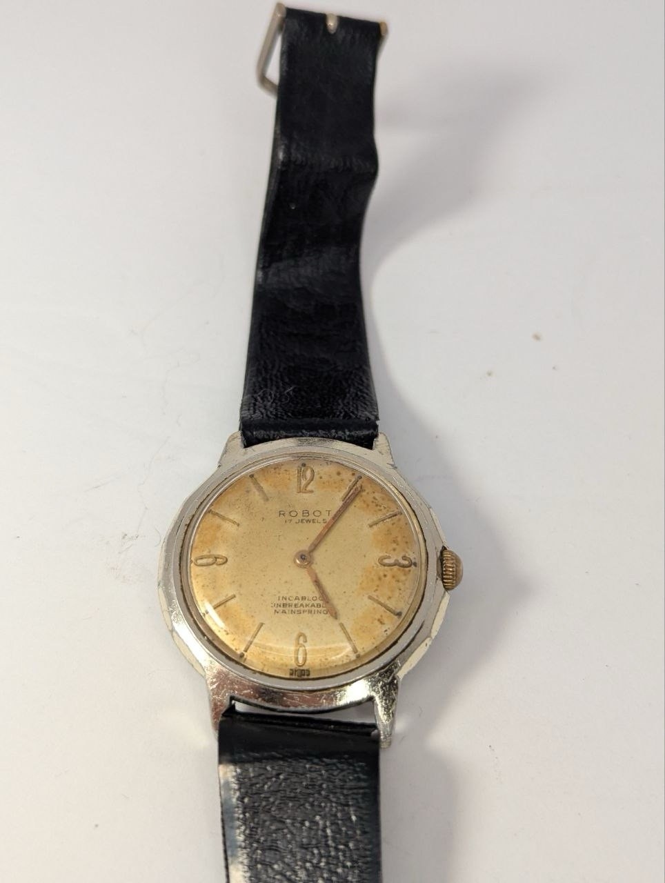 Robot Incabloc Vintage Manual Wind 17J Analog Beige Dial Black Leather Strap
