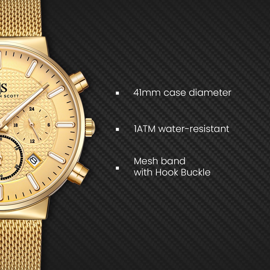 Kenneth Scott Men’s Multi-Function Casual Watch | Beige Dial, Gold Mesh Strap