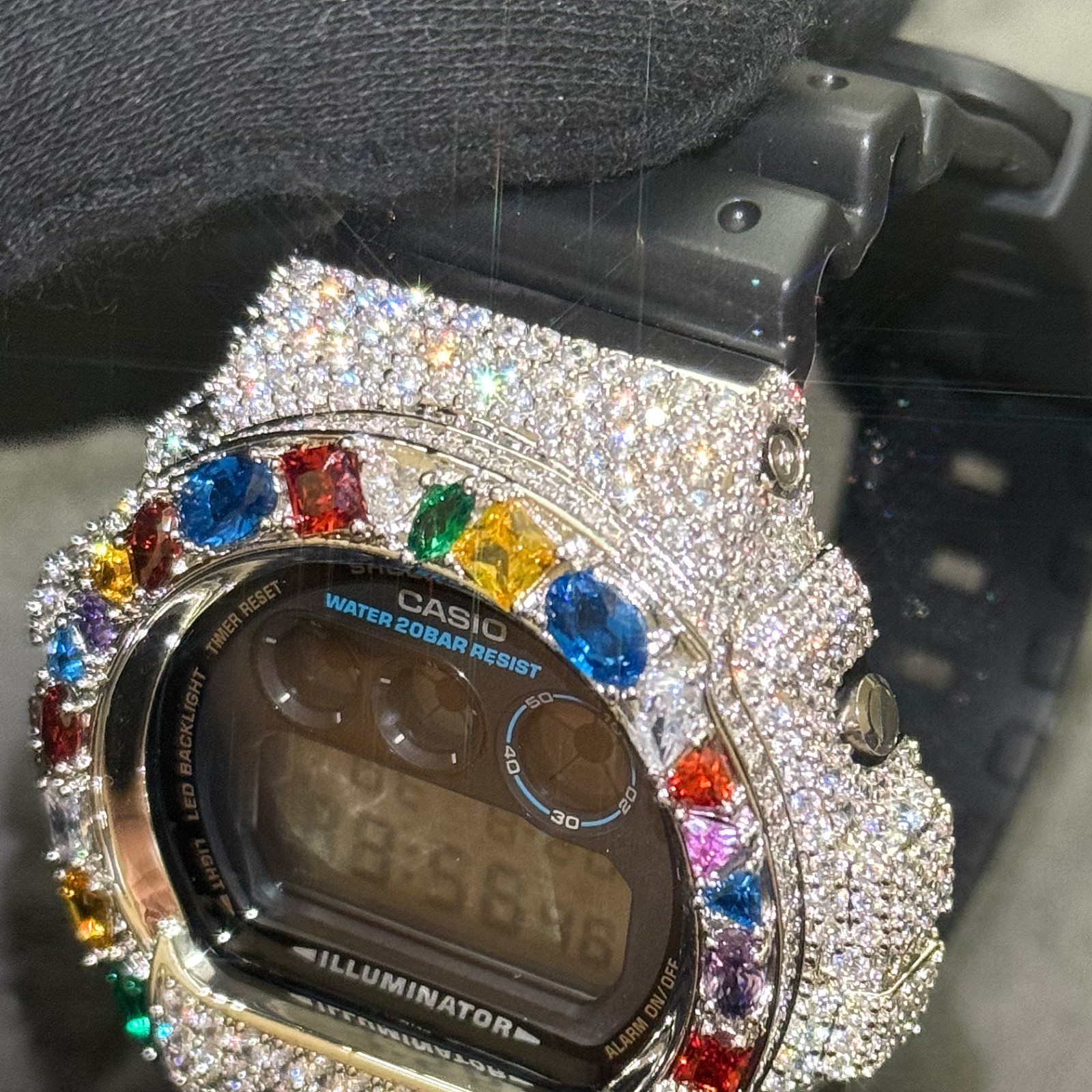 Authentic Casio G-Shock DW6900 Custom Multi Color Gemstone Iced Out Watch Silver