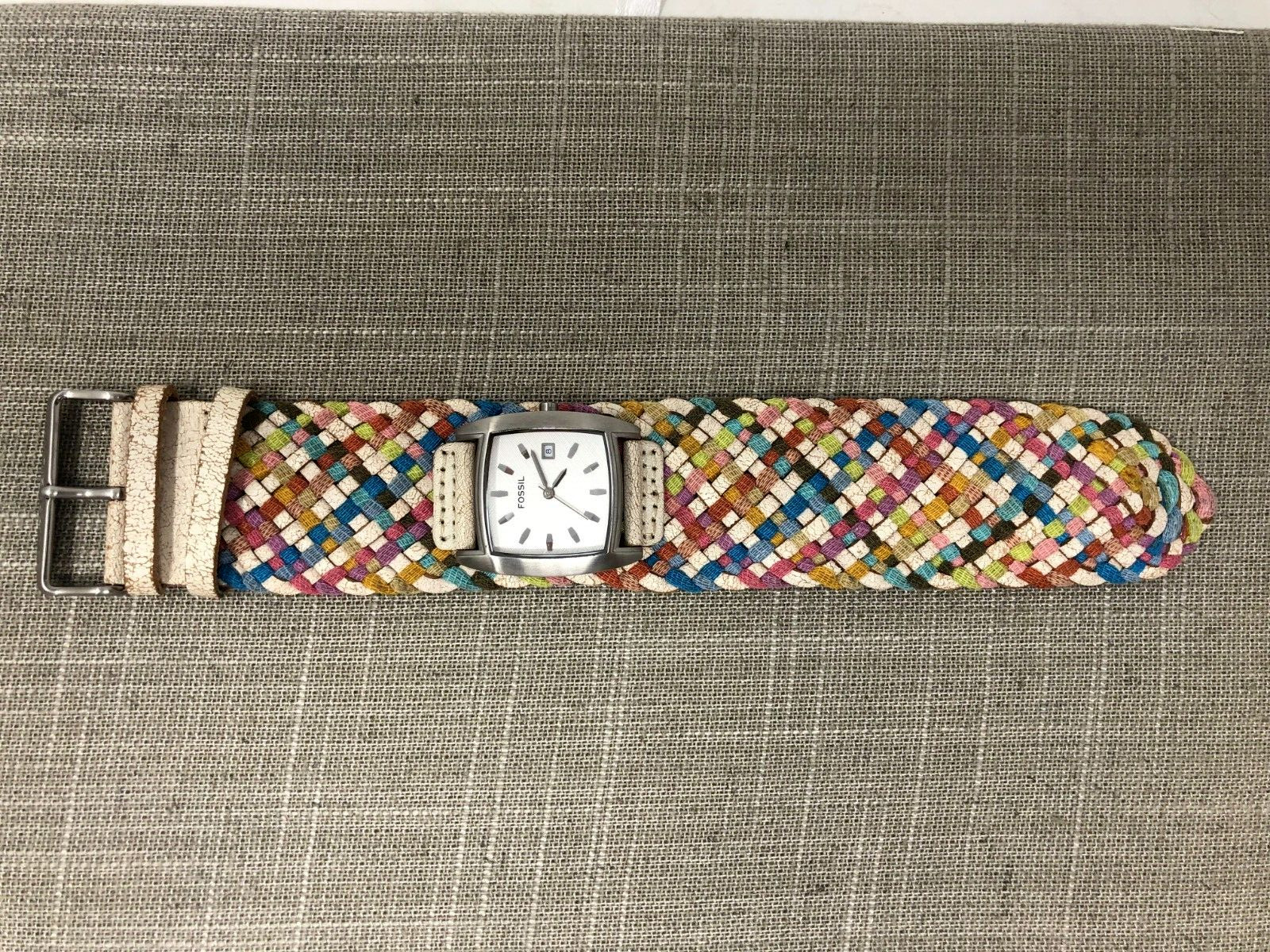 Fossil Women’s Square Case Watch Wide Woven Leather Band Battery Powered